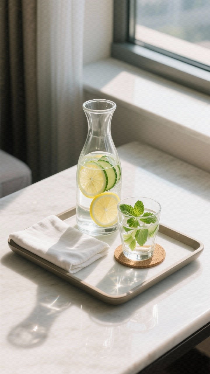 An overhead detail shot of a chic hydration station on a small tray near a sunny window: clear glass carafe with matching tumbler, slices of lemon and cucumber with fresh mint in the water, a linen napkin, and a coaster. Morning sunlight scattering through the glass for sparkly reflections; minimal, hotel-level elegance with clean surfaces.
