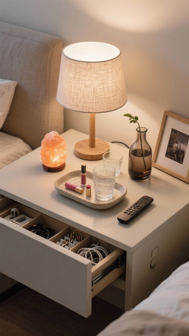 An overhead detail shot of a curated nightstand: a soft-glow bedside lamp with a fabric shade at seated eye level, a ceramic tray corralling glasses, lip balm, and a remote, a smoked-glass carafe with tumbler, a small vase with a single stem, and a framed photo. Drawer slightly open to reveal tidy organizers and cable clips; a small dimmable salt lamp emits a gentle amber glow. Calm, minimal, photorealistic, no people.