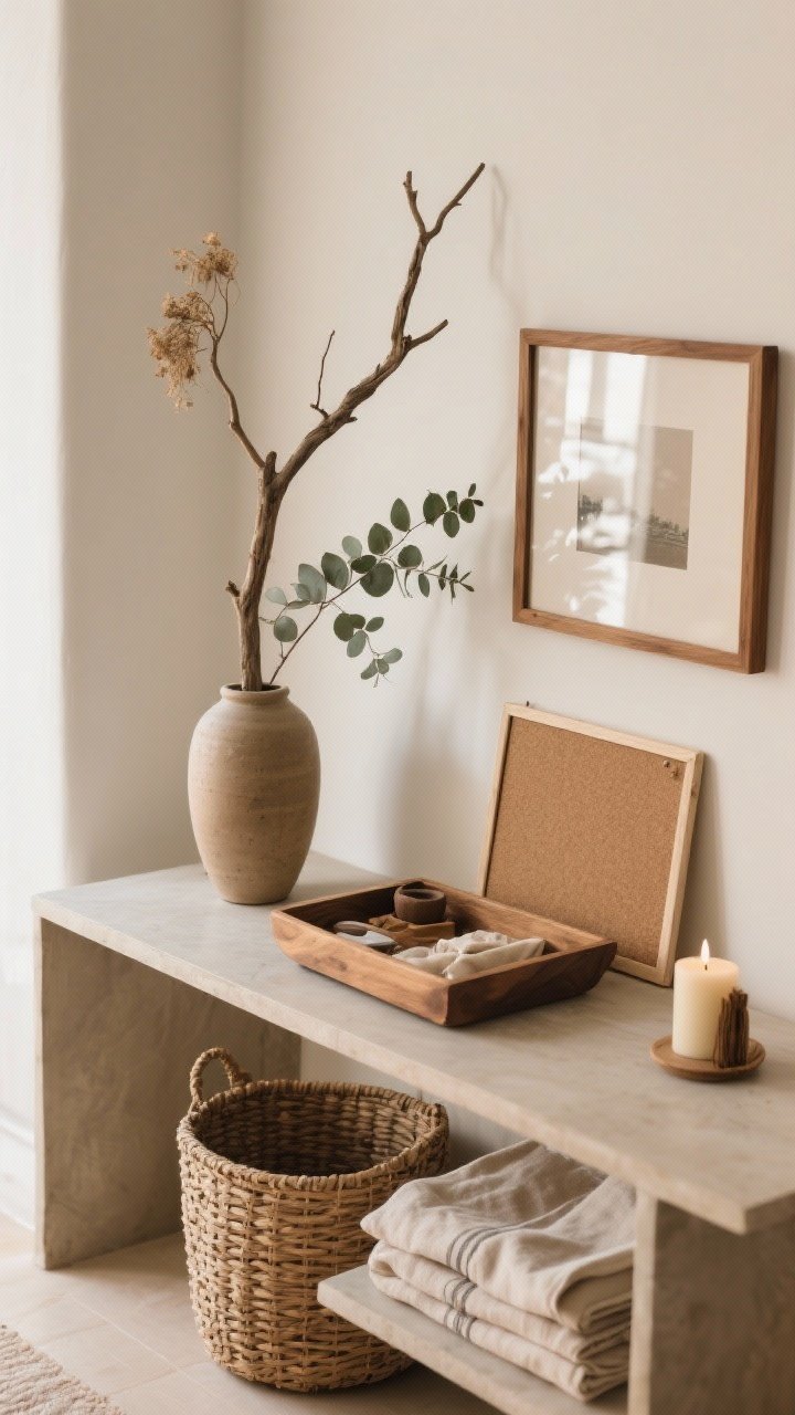 An overhead detail shot of a small console vignette celebrating nature: a single sculptural branch in a tall ceramic vase, a sprig of dried eucalyptus, a wood tray corraling items, a rattan basket below, linen napkins folded beside a cork board on the wall, and an oak picture frame replacing a glossy one; gentle daylight and a subtle cedar-vanilla candle nearby for mood; earthy tones and natural textures, photorealistic.
