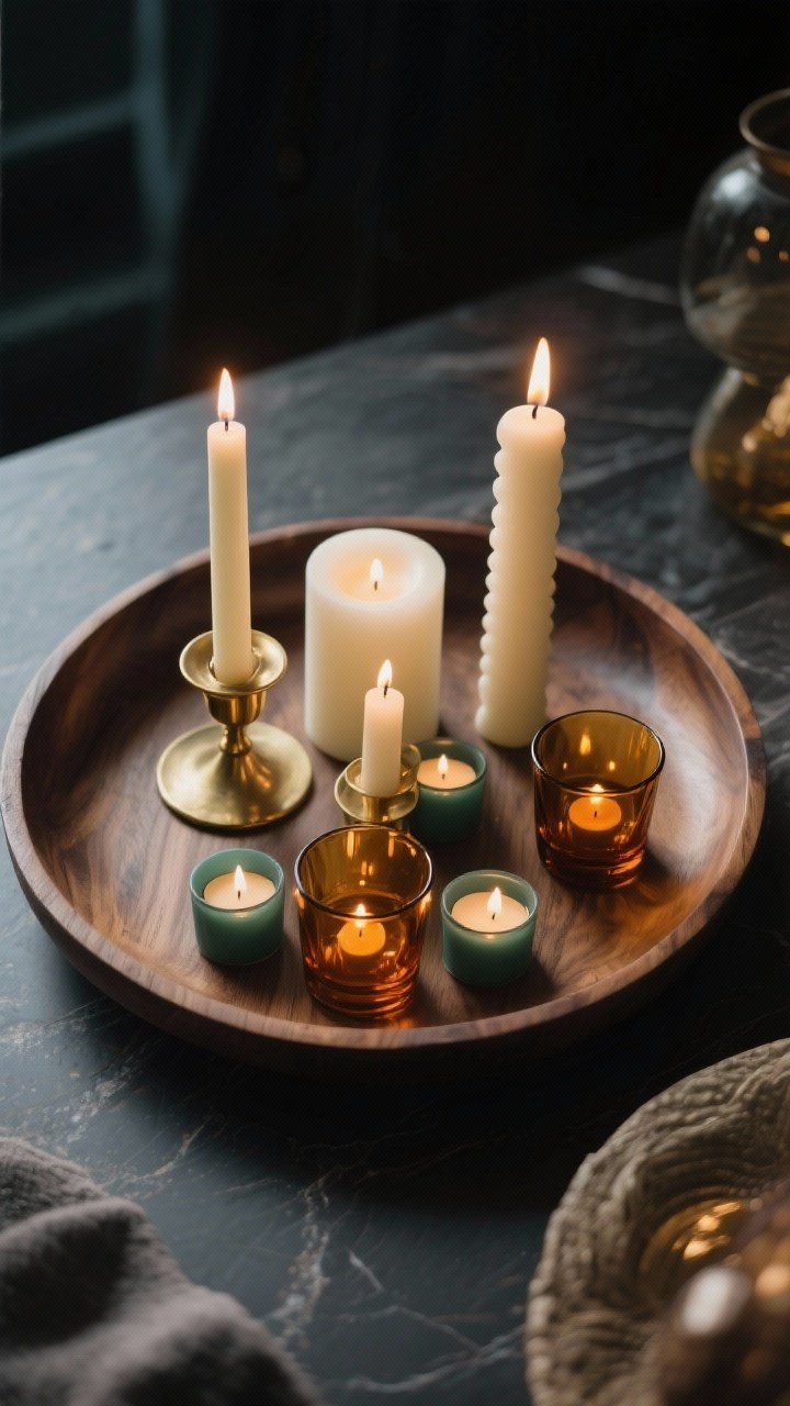 An overhead detail shot of a styled candle cluster on a round wooden tray: three candle types—one cream taper in a brass holder, one ivory pillar, and several tealights in amber glass cups; limited palette of cream and amber; soft, golden candlelight glow on the tray and nearby surface; LED taper realism emphasized; dark, moody background, photorealistic.