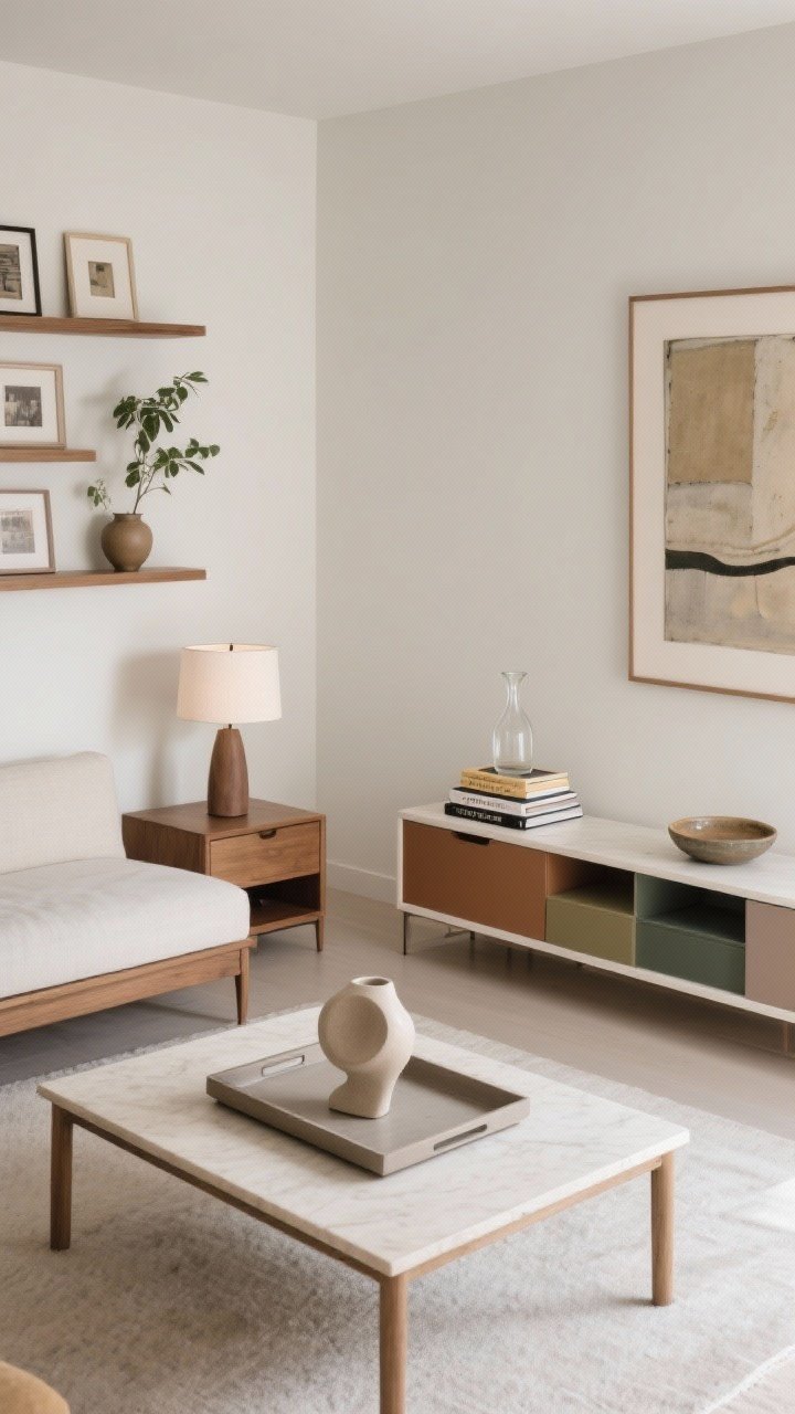 An overhead detail shot of curated surfaces with breathing room: a coffee table styled with a low tray, one sculptural object, and a small stacked set of books (rule of three); nearby nightstand holding a single lamp, a glass carafe, and a ceramic dish; open shelves arranged by color temperature with a vessel and one plant; on the wall, one large art piece instead of many small frames; negative space emphasized, soft ambient light.