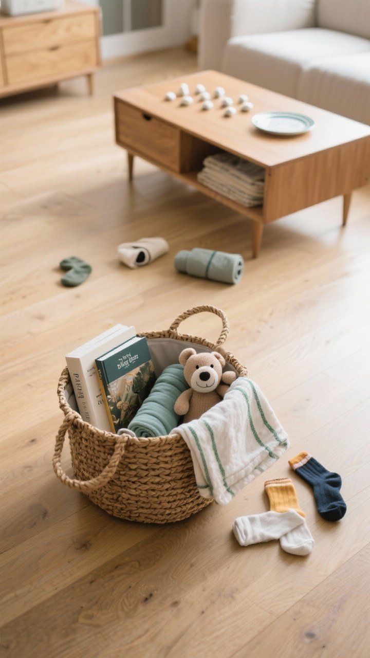 An overhead shot of a 10-item tidy in progress: a woven tote on a hardwood floor containing a book, toy, rolled socks, and a folded dish towel; nearby, three items set aside to put away, and seven already gone from the coffee table; simple, bright lighting, a sense of motion paused with clear countable objects.
