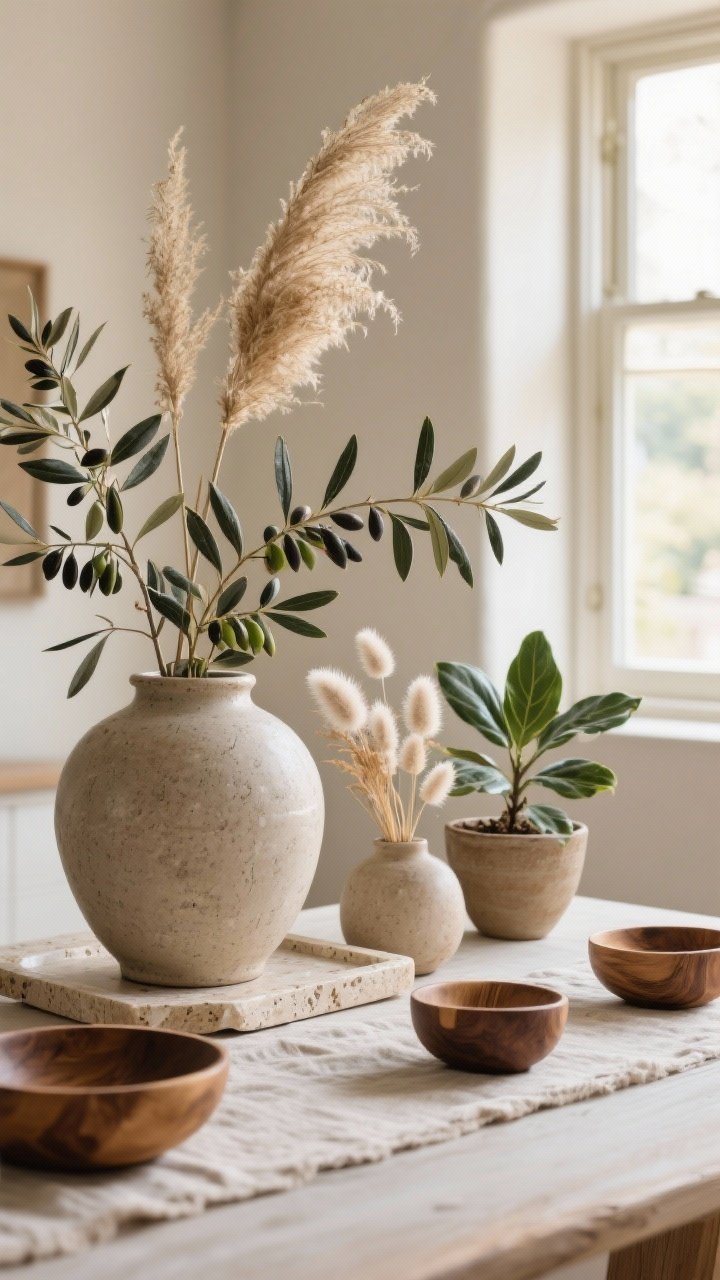 Closeup botanical vignette: a large stoneware vase with fresh olive branches on a travertine tray; beside it, dried pampas and bunny tails in a smaller ceramic; a ZZ plant in a simple pot on a linen runner; wooden bowls echo natural textures; window slightly ajar hinting at fresh air; warm, soft daylight highlighting fibers and grain; effortless, low-maintenance nature indoors.