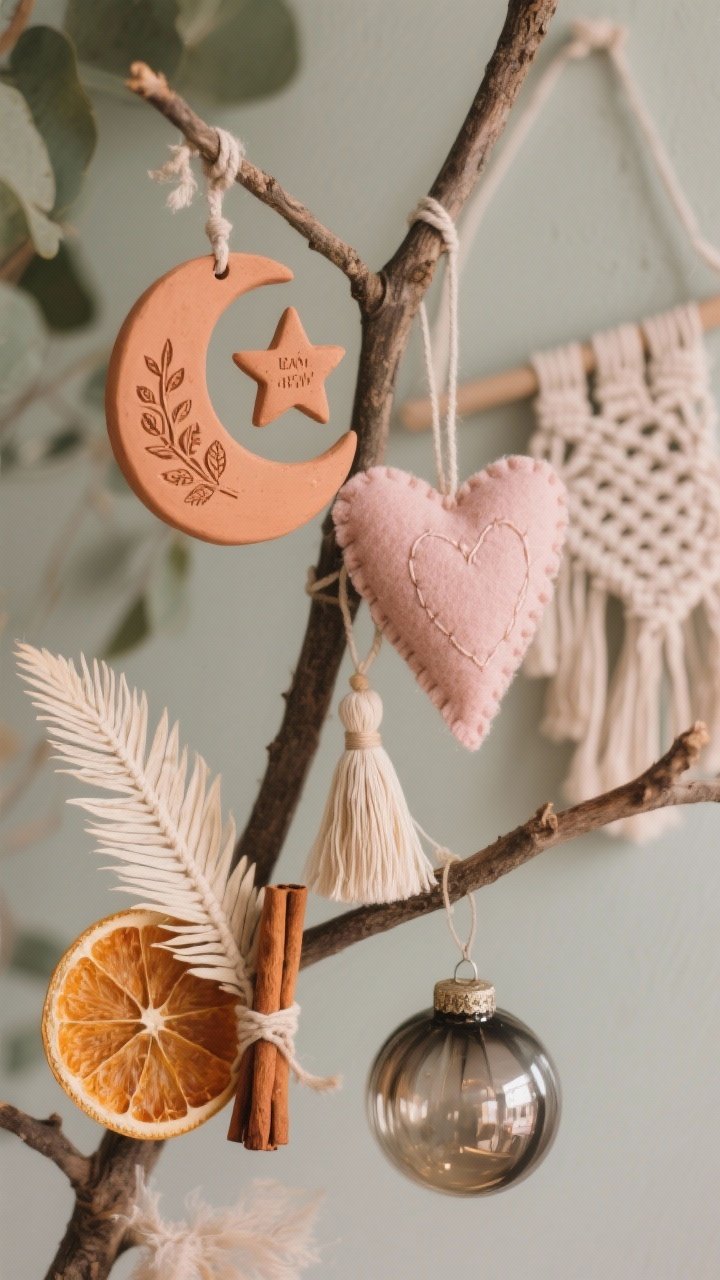 Closeup cluster of earthy, handmade ornaments on a branch: air-dry clay terracotta moon and star with botanical stamps, felt star, embroidered heart, a small tassel, a mini woven wall hanging, dried orange slice and cinnamon stick bundle, bleached palm frond fragment, and a vintage smoked-glass bauble; all in matte or satin finishes (no high gloss); muted boho palette of terracotta, dusty rose, sage, oatmeal; soft, diffused lighting emphasizing handcrafted texture; shallow depth of field.