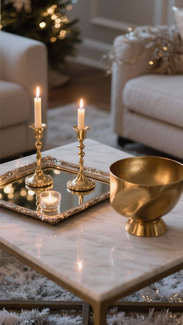 Closeup coffee table vignette adding winter sparkle: brass candleholders with lit tapers, an antiqued mirror tray reflecting candlelight, and a sculptural matte-gold bowl; subtle repetition of brass and matte gold only; soft evening ambience with warm reflections and no tinsel or overt holiday cues.