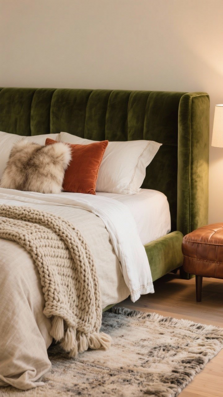 Closeup detail: A layered bed corner showing a chunky knit throw draped over a crisp linen duvet, paired with a faux fur pillow resting against a deep forest green velvet sofa back visible in the frame; a wool rug meets a walnut leather ottoman at the bedside; tight neutral palette in creams, oatmeal, and greige with a single rust accent pillow; soft, warm ambient light enhances plush, nubby, and silky textures, photorealistic, no people.