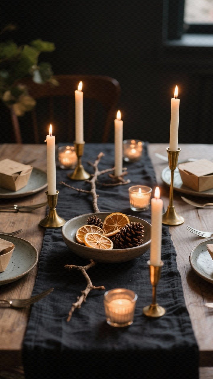 Closeup detail of a candlelight dinner zone on a dining table: dark linen runner, mixed-height candles—unscented tapers in brass holders and low votives—creating a warm glow; a natural centerpiece of dried citrus slices and pinecones in a shallow bowl with a small branch running down the center; moody, intimate lighting; takeout containers discreetly styled on ceramic plates
