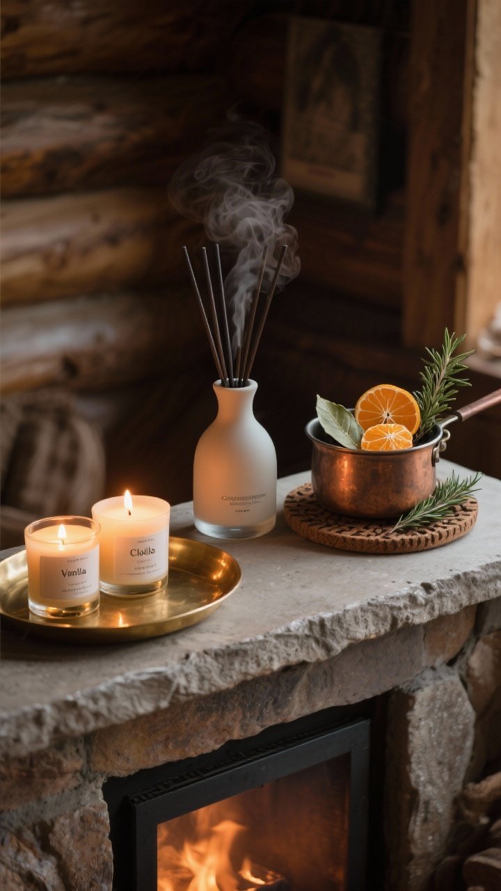 Closeup detail of a scent-layered setup on a mantle: matte diffuser emitting a subtle mist with cedar/sandalwood/amber oils, two candles labeled vanilla and clove for evening glow, and a small simmer pot with orange peel, bay leaf, and rosemary on a nearby trivet; warm candlelight reflects off a brass tray; cozy cabin mood without overpowering visual clutter; low-light, intimate composition, photorealistic.