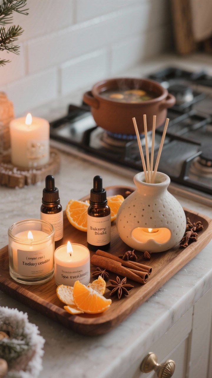 Closeup detail of a winter scent-scape: A wood tray displaying a mix of candles, a ceramic essential oil diffuser, and a simmer pot on a nearby stovetop with orange peels, cloves, cinnamon sticks, and star anise visible; labeled oils evoke cozy cabin (cedar, pine, smoke), bakery bliss (vanilla, cardamom, tonka bean), and spa evening (eucalyptus, lavender, sandalwood); flickering warm light, aromatic mood, photorealistic.