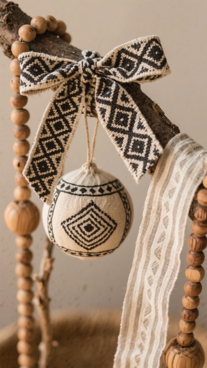 Closeup detail of boho pattern play: a ribbon with mudcloth-inspired black-and-cream geometric print tied loosely on a branch, a hand-stamped block print fabric ornament in soft neutrals, and a gauzy striped ribbon adding airy movement; patterns are subtle and organic, blending with wood beads and natural elements; warm, even lighting to showcase pattern without glare; overhead-leaning angle to emphasize surface detail and fabric weave.