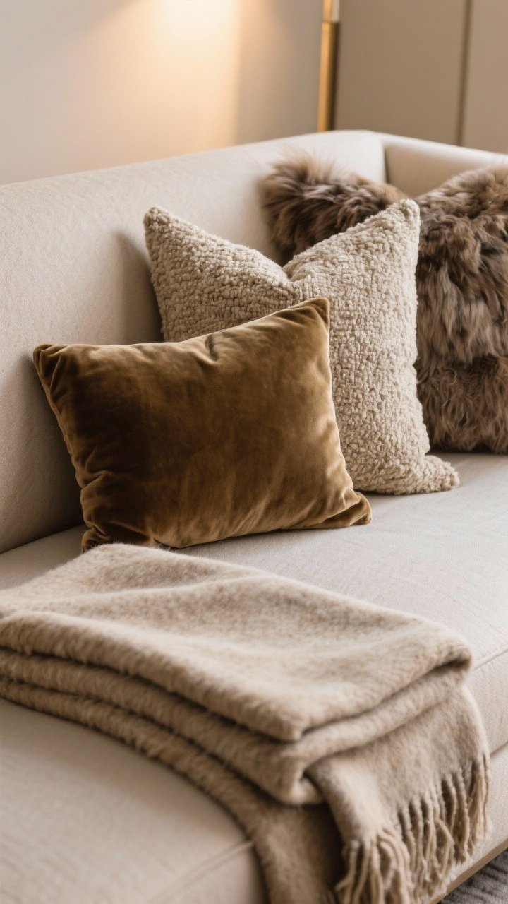 Closeup detail of elevated textiles on a sofa arm: folded alpaca and wool-cashmere blend throws with a short-pile faux fur, pillow covers in velvet, bouclé, heavy linen, and mohair; a 24-inch square pillow paired with a lumbar for proportions; warm indoor lighting highlighting fabric nap and weight; tight neutral palette