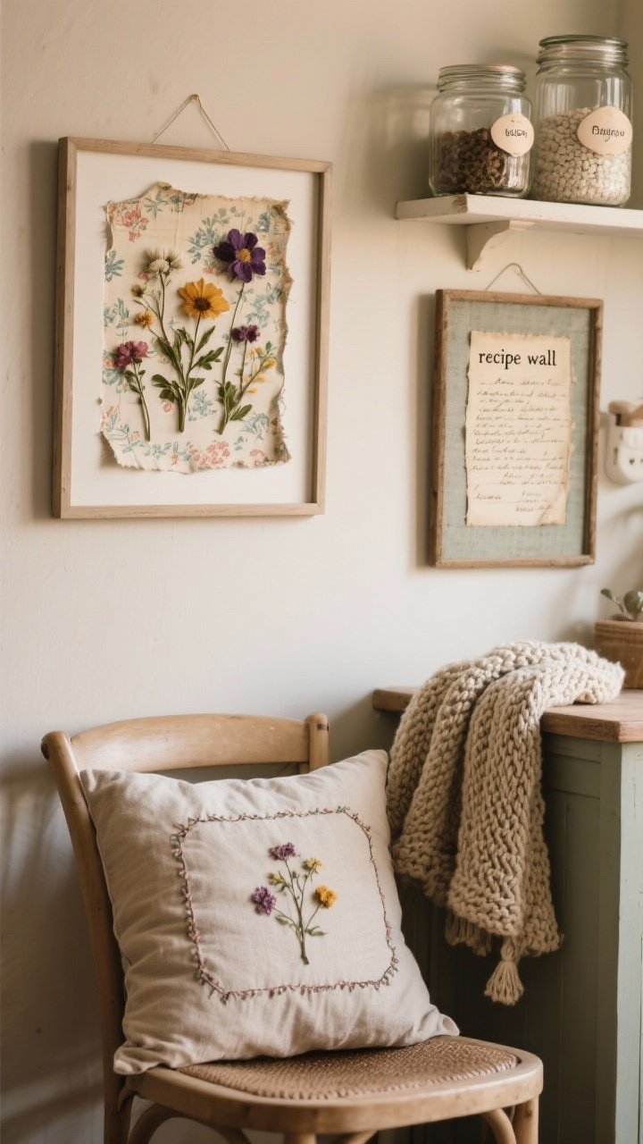 Closeup detail of handcrafted personal touches: a small gallery of DIY art—pressed flowers and a framed scrap of vintage wallpaper, a fabric remnant in a simple frame; an embroidered pillow cover on a chair, a chunky hand-knitted throw draped nearby; a “recipe wall” frame with a handwritten family recipe; glass pantry jars with cute labels on a shelf; soft warm lighting emphasizing texture and imperfections.
