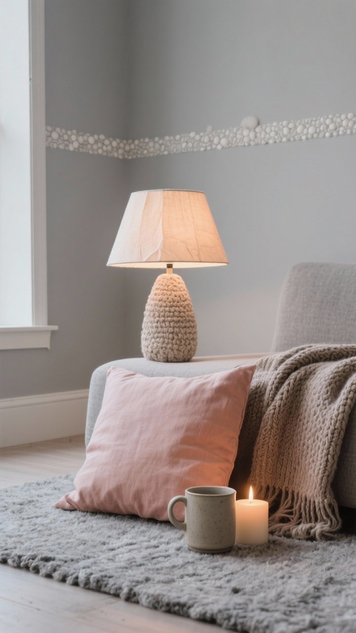 Closeup detail of minimalist cozy textures: soft fog gray wall with mushroom trim, a gray wool rug, taupe throw, and a single candlelit peach linen pillow providing a subtle glow; paper or fabric shade lamp with warm 2200–2700K bulb; nubby knits, stoneware mug, and matte finishes for calm warmth.