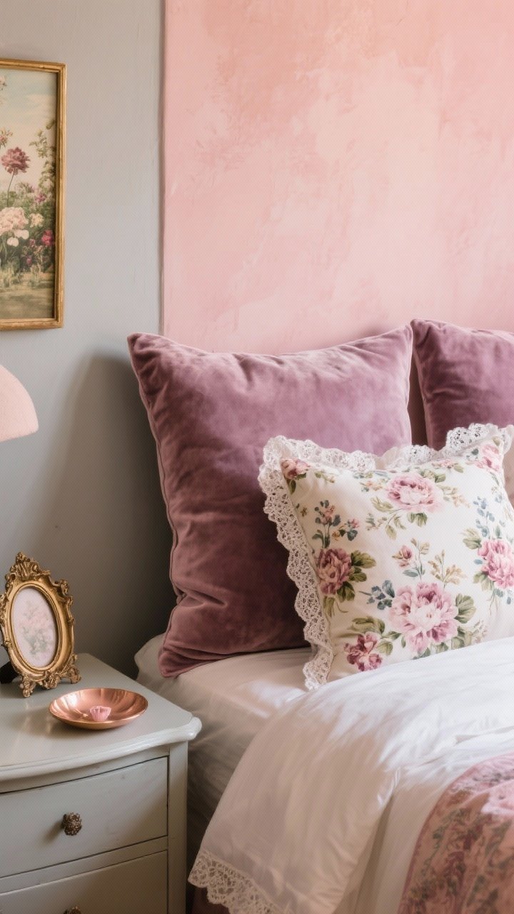 Closeup detail of romantic textiles on a bed: warm blush wall or greige with pink undertones behind velvet cushions in dusty mauve, chintz floral pillow, lace-trimmed linens; a small antique brass frame and rose gold trinket dish on a bedside table; soft, warm light for a faded garden postcard feel.