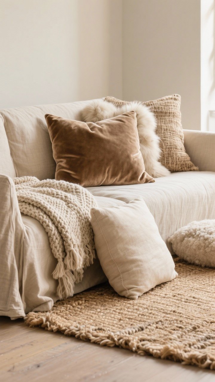 Closeup detail shot: a layered arrangement on a nap-friendly linen slipcovered sofa showcasing mixed textures—nubby knit throw, velvety pillows, soft faux fur accent, and natural-fiber linen and wool cushions—in a cohesive warm neutral palette of oat milk, mushroom, and cream; in the foreground, the edge of a chunky wool rug over a jute base rug; include oversized floor pillows beside smaller cushions to show scale mix; soft daylight from the side highlights the fabric weaves and pile; photorealistic, no clutter, textures repeated in the same color family.