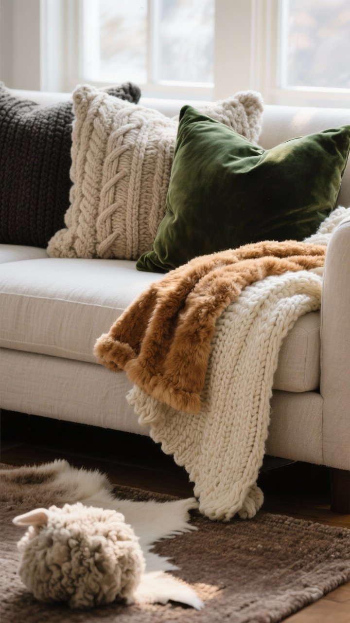 Closeup detail shot: A layered winter texture vignette on a neutral linen sofa—chunky knit cream blanket casually draped over the arm, a folded faux fur sherpa throw in warm caramel at the seat, pillows in velvet forest green, boucle oat, and cable-knit charcoal arranged in a tight palette; in the foreground, a small sheepskin rug layered over a low-pile taupe base rug. Soft afternoon window light to emphasize tactile textures, shallow depth of field, photorealistic.