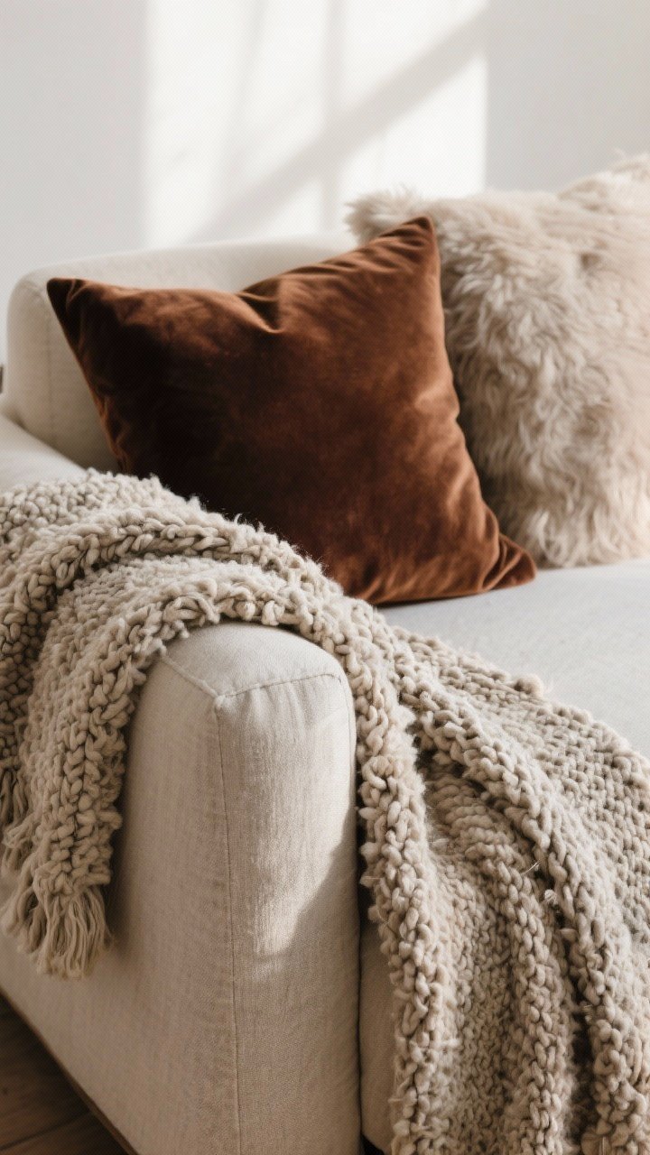 Closeup detail shot: a linen sofa arm layered with a nubby bouclé throw, a chunky knit blanket draped over the back, and a velvet pillow in deep cocoa pressed against a soft wool cushion; tactile textures dominate the frame, natural afternoon light grazing the fibers to emphasize fluffiness and plush depth; neutral backdrop, no people.