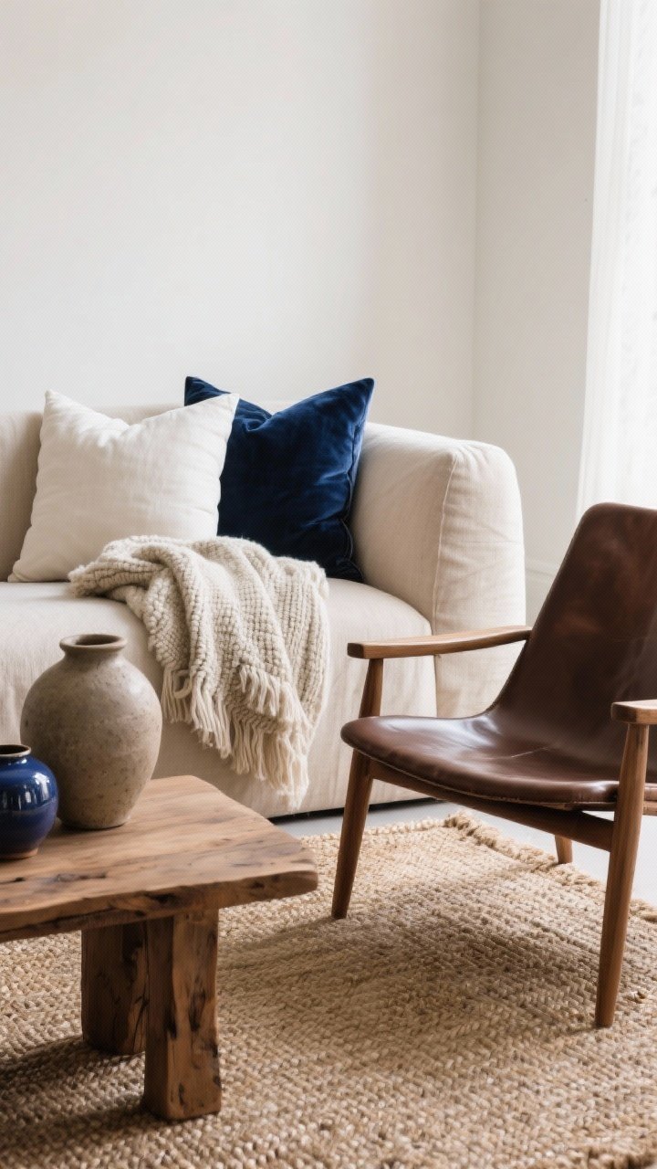 Closeup detail shot: a linen sofa in oatmeal with a chunky wool throw draped loosely and two velvet pillows in cloud white and deep ink blue; nearby, a natural jute rug meets the leg of a slippery espresso leather chair; a stoneware vase sits beside glossy glazed ceramics on a raw wood coffee table; soft, diffused natural light, neutral palette of oatmeal, mushroom, clay, and cloud white with a single dramatic ink blue accent; focus on rich texture layering.