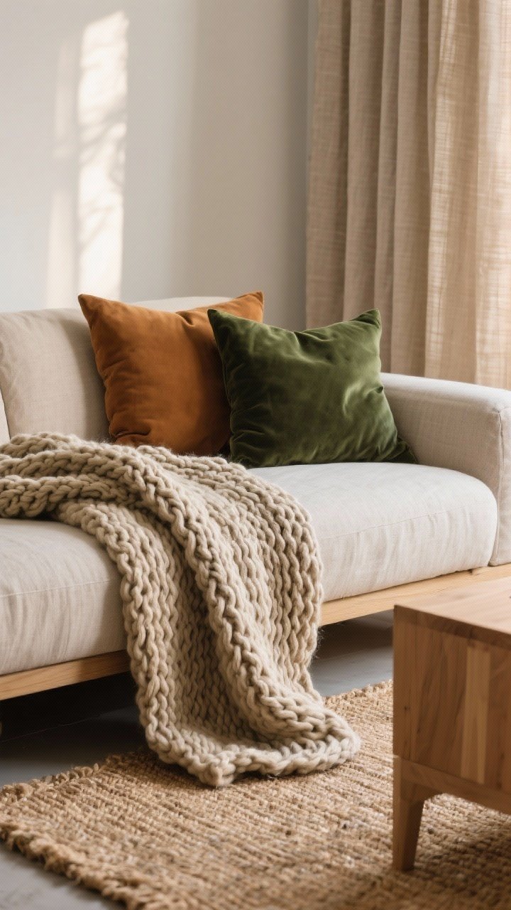 Closeup detail shot: a small living room vignette showcasing layered textures—jute rug underfoot, a chunky knit wool throw draped over a linen sofa, velvet pillows in caramel and forest green, and light oak wood accents; neutral palette with subtle patterns kept minimal; one hero texture (the oversized chunky knit) in focus, with repeated linen texture in curtains softly blurred; warm, indirect daylight creating gentle shadows; straight-on angle emphasizing depth without visual clutter.