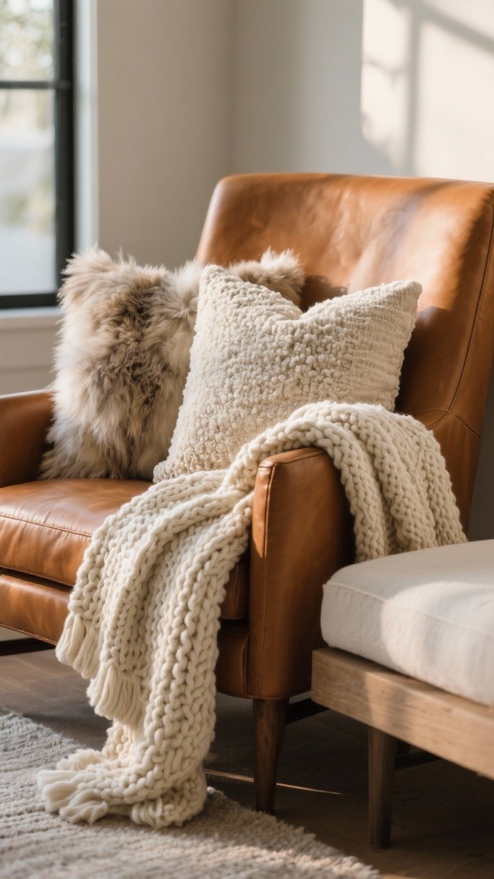 Closeup detail shot: a smooth cognac leather armchair draped with a chunky knit cream throw; the seat holds sherpa and bouclé pillows layered against a linen cushion, with a faux fur throw casually folded over a nearby bench edge; warm afternoon light rakes across the textures to emphasize soft, nubby, chunky, and plush contrasts; neutral palette with natural shadows; no people.