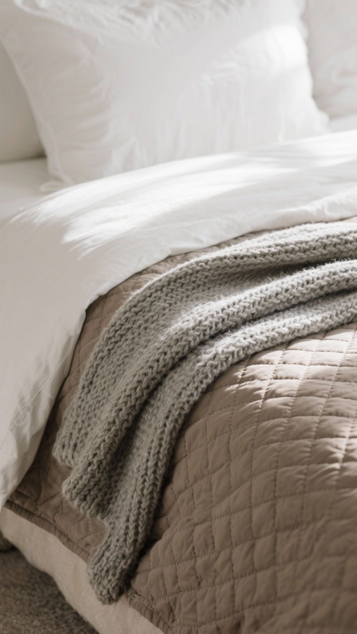 Closeup detail shot from a corner angle of layered neutral bedding textures: crisp ivory percale sheets peeking from under a taupe quilted coverlet/matelassé blanket, topped with a greige chunky knit throw draped casually; subtle natural morning light rakes across the fabrics to highlight weave and quilting, no patterns beyond tone-on-tone, ultra-photorealistic fabric detail, shallow depth of field emphasizing texture contrast within the same color family.