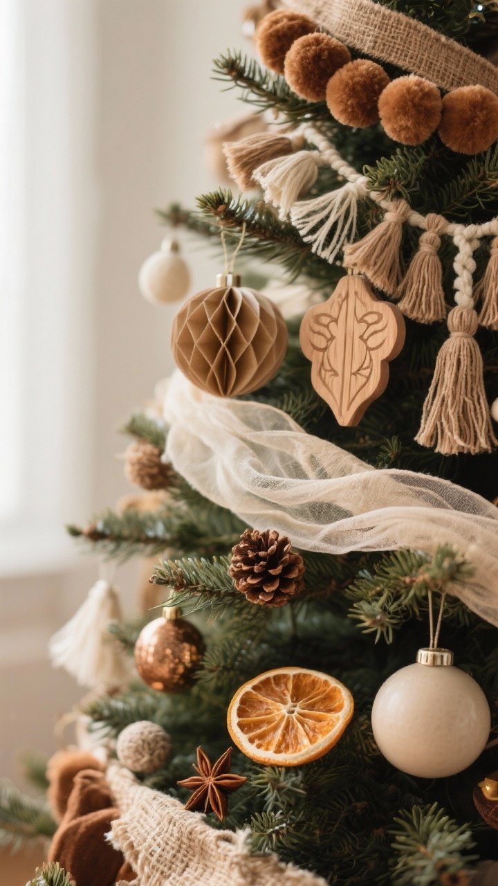 Closeup detail shot of a boho Christmas tree branch showcasing layered textures: soft gauze ribbon tucked in loose waves, a strip of crushed velvet, a narrow burlap ribbon, clustered pompoms and tassels, paper honeycomb ornament, carved wood shape, matte ceramic bauble, and natural elements like dried orange slices, star anise, and a small pinecone; warm, cozy lighting with shallow depth of field, neutral earthy color palette of cream, camel, muted sage, and gingerbread brown; shot from a slight side angle to emphasize layered depth, no people.