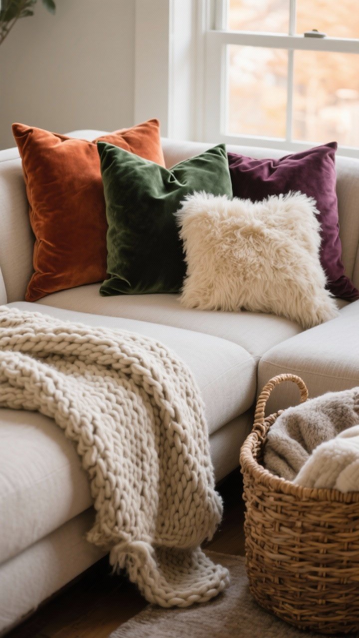 Closeup detail shot of a living room sofa styled with layered textures: an oversized chunky knit throw draped casually, velvet pillows in rust, deep green, and plum, and a creamy faux fur/sherpa accent pillow; a woven basket beside the sofa neatly stashing extra blankets. Warm, soft window light emphasizing tactile contrast between knits, smooth velvet, and nubby wool. Neutral sofa, cozy winter palette, shallow depth of field, no people.