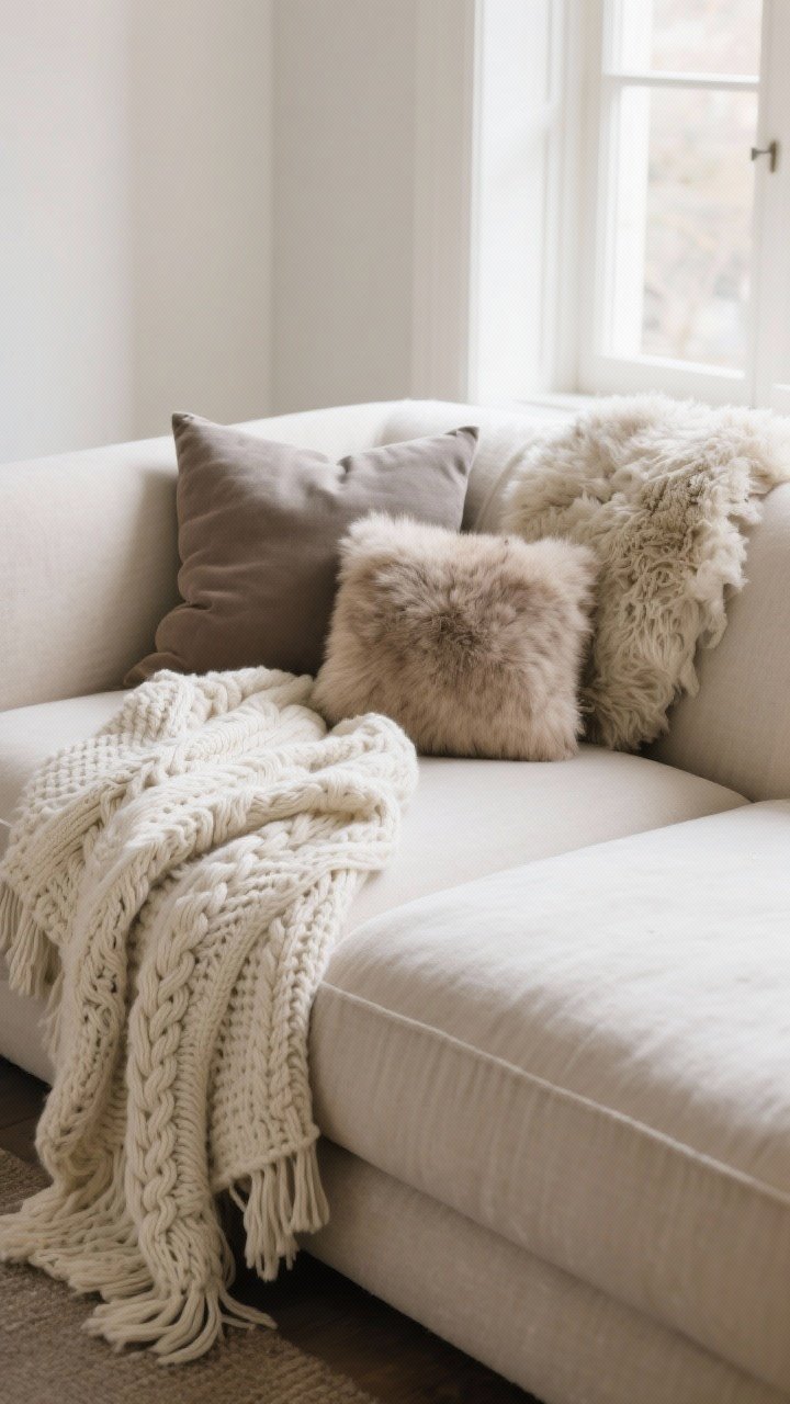 Closeup detail shot of a neutral-toned sofa corner layered with textures: a heavy cream cable-knit throw casually draped like a scarf, lightweight linen pillows in warm gray and taupe, a small faux fur pillow, and a sheepskin draped over the arm; soft natural window light, matte textures clearly visible, calm hygge mood, shallow depth of field