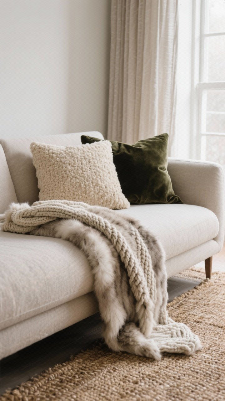 Closeup detail shot of a neutral-toned sofa styled with layered textures: a draped off-center faux fur throw spilling over the seat, a chunky knit blanket folded on the arm, two pillows—one creamy bouclé, one deep forest velvet—plus a glimpse of a plush rug layered over a natural jute rug beneath; soft window light filtered through lined linen curtains, photorealistic, cozy winter vibe.