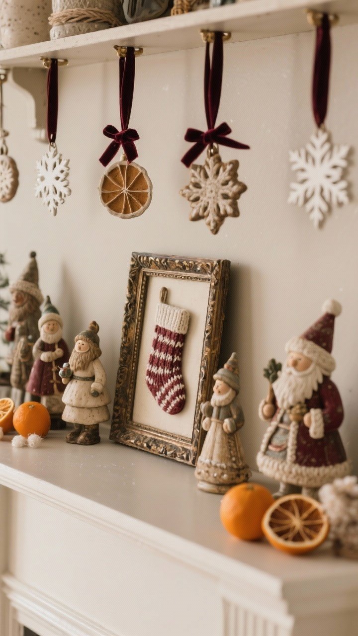 Closeup detail shot of handmade and heirloom touches on a console shelf: clustered vintage holiday figurines, knitted stockings edge in frame, DIY salt dough ornaments, dried oranges, and paper snowflakes; ornaments hung with velvet ribbon instead of hooks; neutral background, nostalgic and warm lighting highlighting patina and texture
