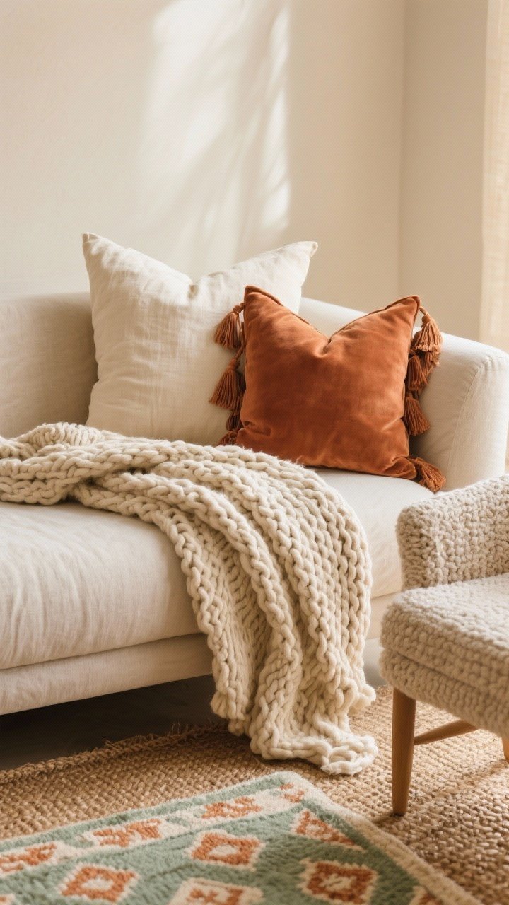 Closeup detail shot of layered cozy textures on a neutral sofa: a chunky knit throw in oatmeal draped over the arm, a lightweight sand-toned linen throw over a nearby chair, and an arrangement of pillows—two large linen in cream, one caramel velvet, one tassel-trim pillow in muted terracotta—set against a warm neutral palette. Include a jute area rug as the base with a smaller Moroccan-style patterned cotton rug layered on top in soft sage and terracotta accents. Soft natural daylight, airy feel, no people, photorealistic, straight-on angle that highlights the weave and bouclé texture.