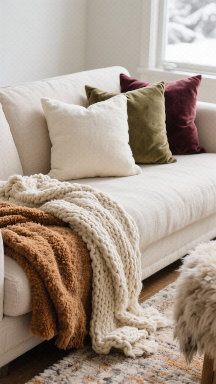 Closeup detail shot of layered cozy textures on a neutral linen sofa: a chunky knit throw in cream, a faux fur throw in soft taupe, and a wool/boucle throw in warm caramel casually draped and folded; velvet, linen, and sherpa pillows in 20x20 and lumbar sizes in creamy white, olive, and deep berry; a soft shag sheepskin layered over a low-pile base rug; warm, cocoon-like mood with sound-absorbing textiles; natural winter daylight from a side window, straight-on angle, photorealistic.