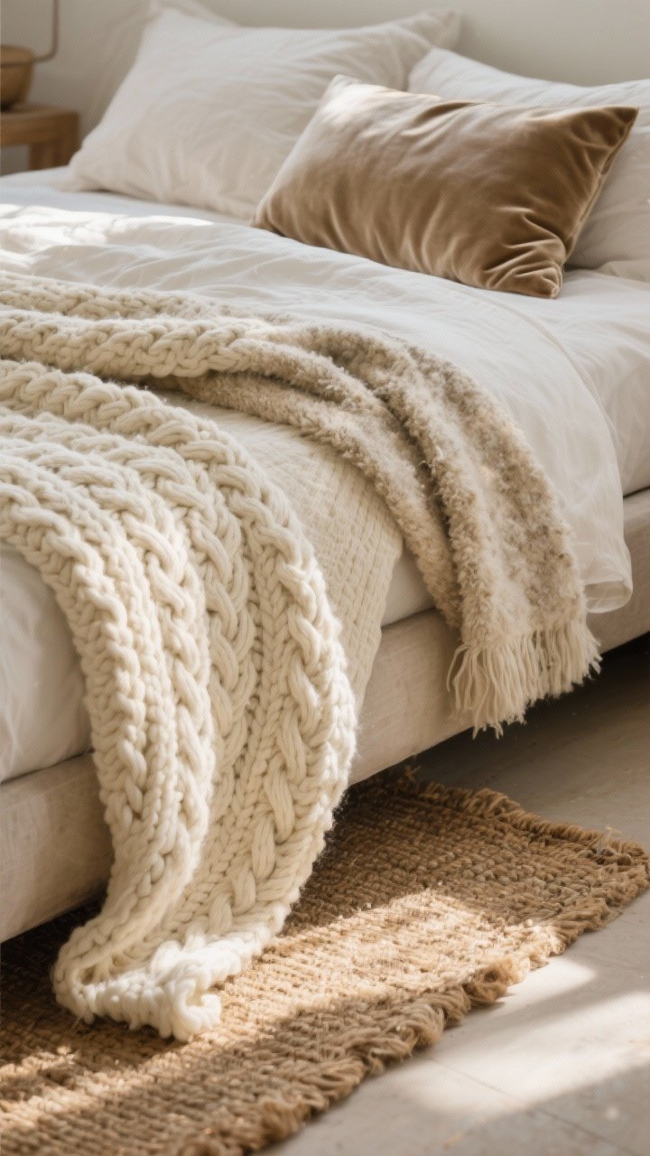 Closeup detail shot of layered textures on a bed: a chunky cream cable-knit blanket draped over soft natural linen bedding, with a corner showing a silky velvet pillow and a nubby wool throw; include a small section of a wool rug layered over a jute rug at the bedside; warm morning light grazing the fabrics to highlight plush, nubby, and silky textures; no people, photorealistic.