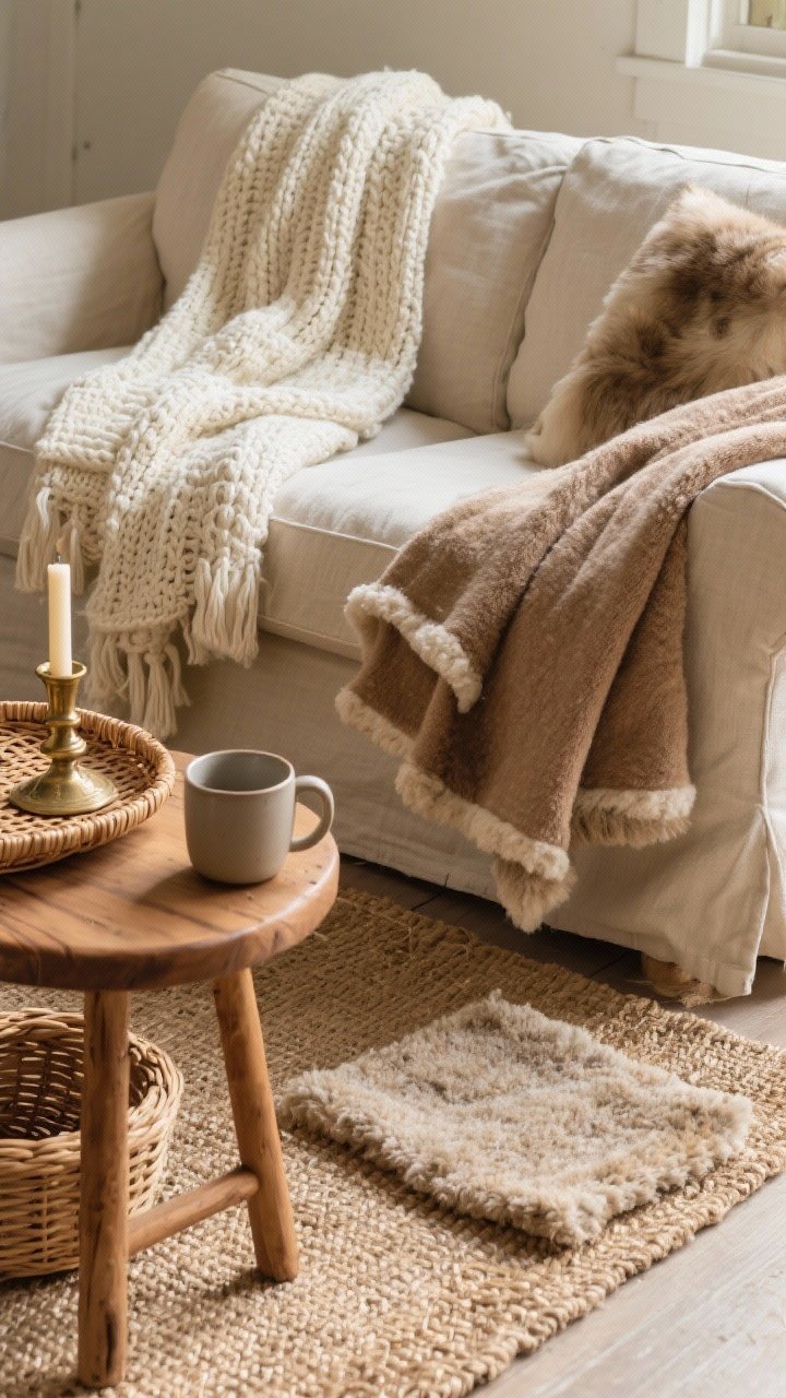 Closeup detail shot of layered textures on a neutral linen sofa: a chunky knit throw in cream, a nubby flax linen throw in warm mushroom, and a small sherpa/faux fur blanket draped over the arm; a flatweave jute rug with a smaller plush wool rug layered on top beneath a matte ceramic mug on a warm wood stool; rattan tray with wicker basket nearby; subtle antique brass candle holder catching a gentle warm glow; soft natural afternoon light, cozy cottagecore mood.