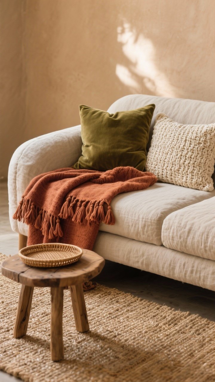 Closeup detail shot of layered textures on a small boho living room sofa: a neutral slubby linen sofa draped with a rust-toned throw featuring tassels and fringe, two pillow textures (one in olive velvet, one in woven cream cotton), set against a warm neutral palette with a jute flatweave rug below and a small raw wood side table holding a rattan tray; soft natural afternoon light, shallow depth of field emphasizing the nubby knits and fabric weave, photorealistic, no people.