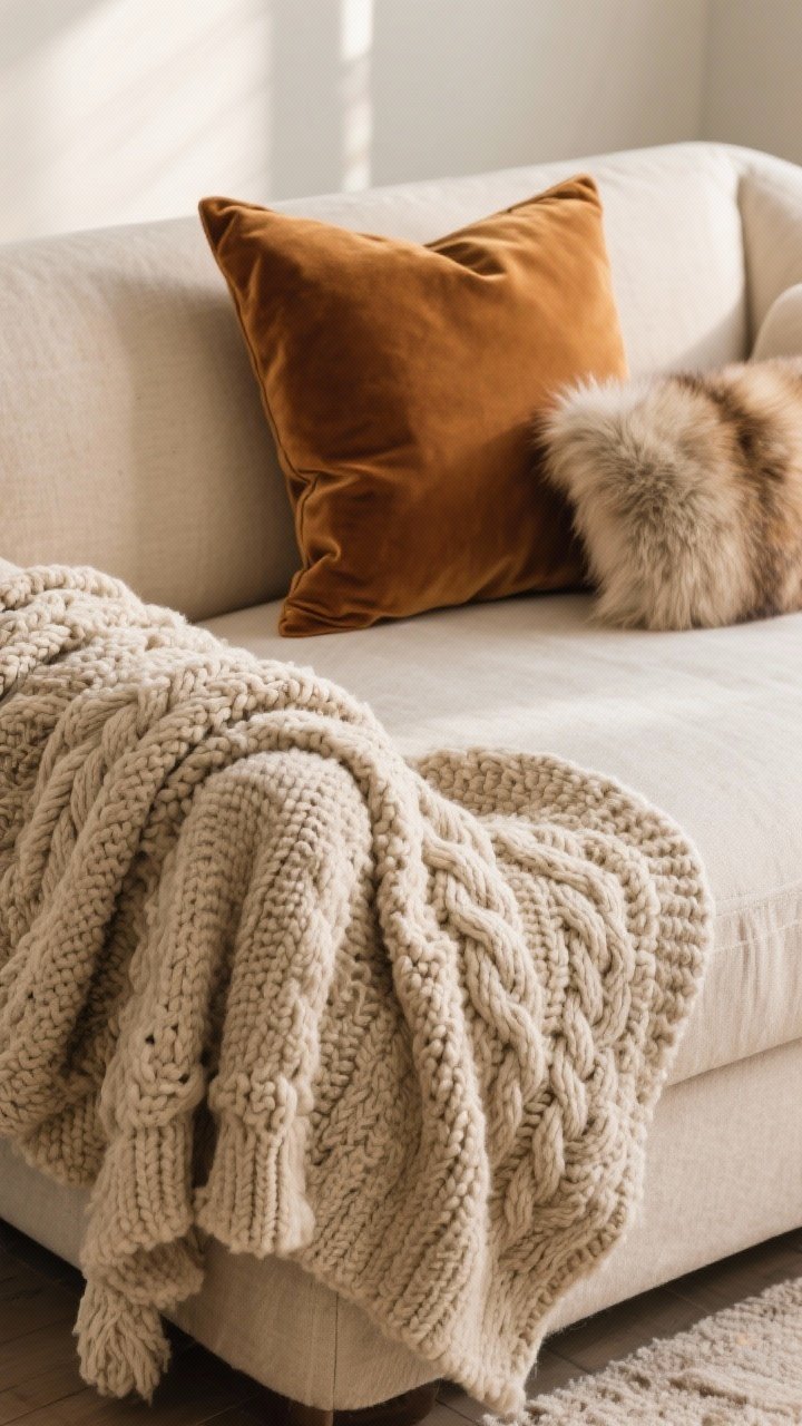 Closeup detail shot of layered winter textiles on a neutral oatmeal linen sofa: chunky cable-knit throw draped over the arm, nubby bouclé pillow, smooth velvet pillow in warm camel, and a small strip of soft faux fur for contrast; mix of heavy knit and smooth sateen texture; warm, soft afternoon lighting grazing the fibers, shallow depth of field highlighting tactile variety.