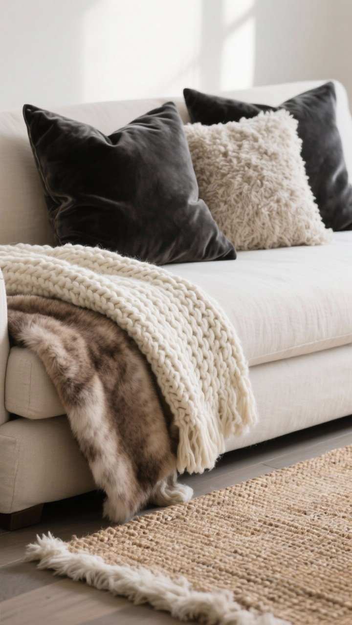 Closeup detail shot of layered winter textures on a sofa: a chunky knit throw in cream casually draped over the arm, a faux-fur blanket in taupe peeking underneath, velvet pillows in charcoal, a nubby linen cushion, and a sherpa/boucle accent pillow; palette limited to creams, taupes, and charcoal. In the foreground, the edge of a smaller fluffy rug layered over a flat-weave jute rug. Soft, diffused daylight for a calm, cozy mood, no people, photorealistic.