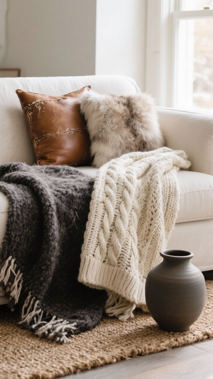Closeup detail shot of layered winter textures on a neutral sofa: an oversized cream cable-knit throw draped over a flax linen blanket, faux fur pillows resting against a distressed caramel leather cushion, and a charcoal wool rug layered atop a natural jute rug below; warm whites, oatmeal, taupe, and charcoal palette; soft afternoon window light for a cozy, tactile feel; focus on the interplay of plush and rugged materials, matte ceramic vase peeking on the side.