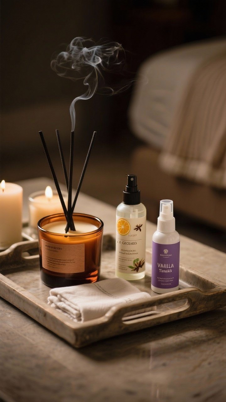 Closeup detail shot: scent layering still life on a tray—entry notes of cedar or balsam in a diffuser, an amber or sandalwood candle for the living area, a small spray labeled citrus + clove for the kitchen, and a linen spray marked lavender or vanilla tonka for the bedroom; mix of candles, diffusers, and linen sprays arranged harmoniously; warm, moody light, cozy without smoke.