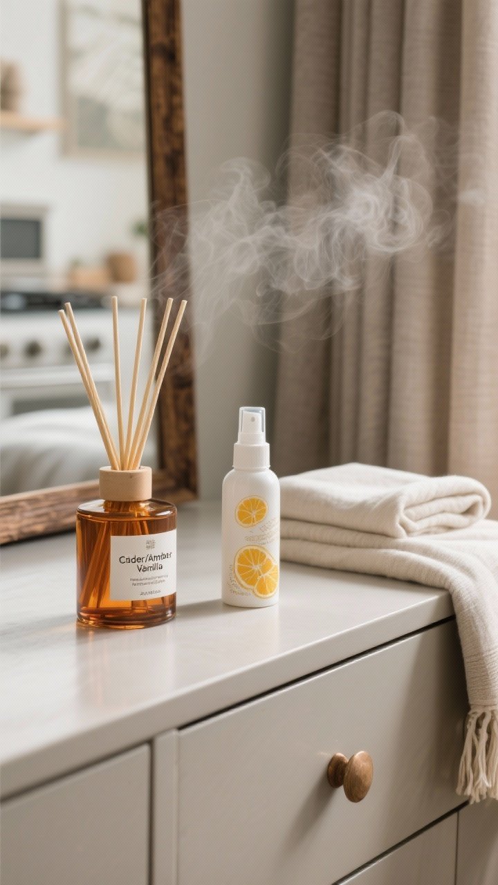 Closeup dresser-top scent scene: a reed diffuser with amber-toned oil labeled cedar/amber/vanilla as the signature base, a coordinating room spray bottle, and a linen mist; a folded throw and curtain edge in frame being lightly misted; subtle citrus and spice notes indicated for kitchen, smoky woods reserved for living—kept cohesive and soft.