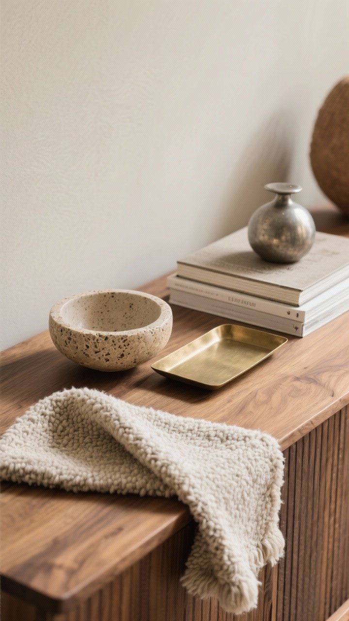 Closeup material vignette: Honest, natural materials grouped on a console—matte-finish oak surface, a small travertine bowl, a wool bouclé swatch draped over the edge, linen-bound book stack, and brushed brass tray alongside a pewter object; matte and satin finishes only, warm neutral palette, photorealistic.