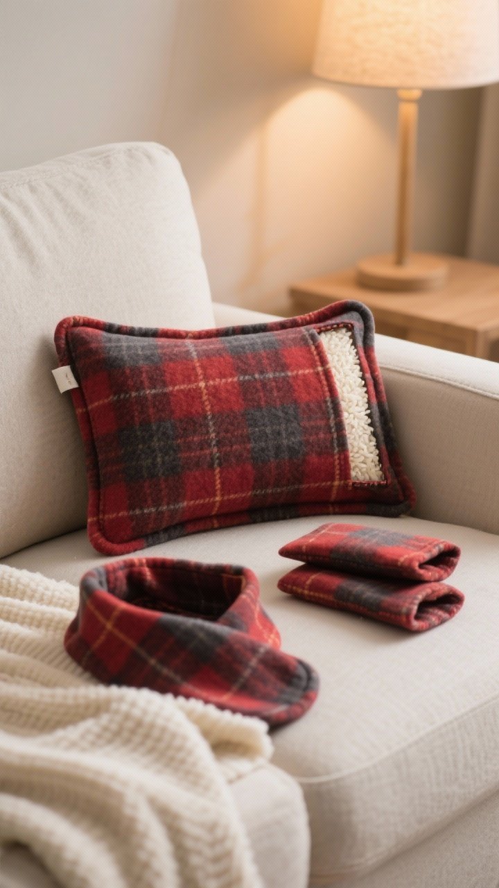 Closeup of a flannel-wrapped heat pack on a sofa arm: soft red-and-charcoal plaid flannel sewn into a neat rectangle, a small gap stitched closed after filling with rice. A coordinating set nearby—a narrow neck wrap and two small hand warmers—stacked on a cream throw. Warm lamplight from off-frame, subtle texture on the flannel weave, no people, photorealistic.