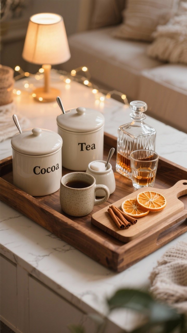Closeup of a hot cocoa/whiskey nook on a wood tray: ceramic canisters labeled cocoa, tea, and coffee; stoneware mugs with teaspoons, a small sugar pot; a cutting board styled with dried orange slices and cinnamon sticks; a crystal decanter with lowball glasses for evening whiskey; twinkle lights or a small lamp nearby casting a warm glow; intimate, inviting composition.