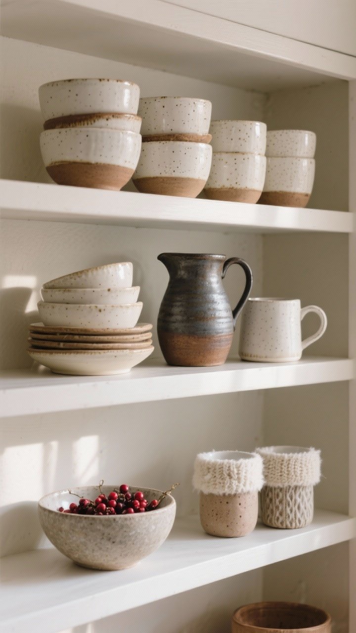 Closeup of open kitchen shelves styled with ironstone, ceramics, and handmade mugs: grouped in odd numbers (3 and 5), creamy whites with soft speckles and earthy brown glazes; a stoneware bowl stack, an ironstone pitcher, and two cozy winter mugs; seasonal rotation hint with a tucked berry bowl; morning light glancing across matte and glossy surfaces