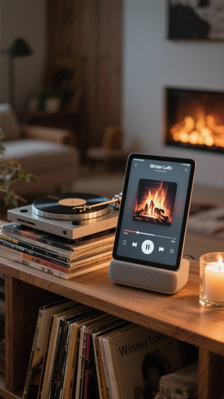 Closeup shelf scene: a smart speaker playing winter lo-fi on low volume beside a stack of records and a small turntable. A tablet screen shows a fireplace ambience track in the background. Dim, cozy lighting with a nearby candle reflecting off wood grain, acoustic and calm vibe.