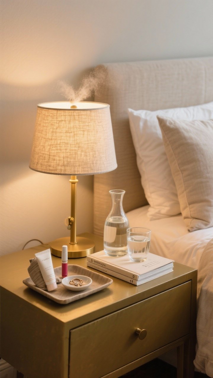 Closeup, side angle: A nightstand styled for wind-down—warm bedside lamp with a fabric shade on low dimmer, a small tray corralling lip balm and hand cream, a tiny dish holding jewelry; a cloth-bound book and a slim 5-minute journal stacked neatly; a glass water carafe with matching tumbler; pillows and duvet in soft neutrals slightly smoothed, with a fine mist in the air above the pillow to suggest spritzing; cozy, golden bedside glow