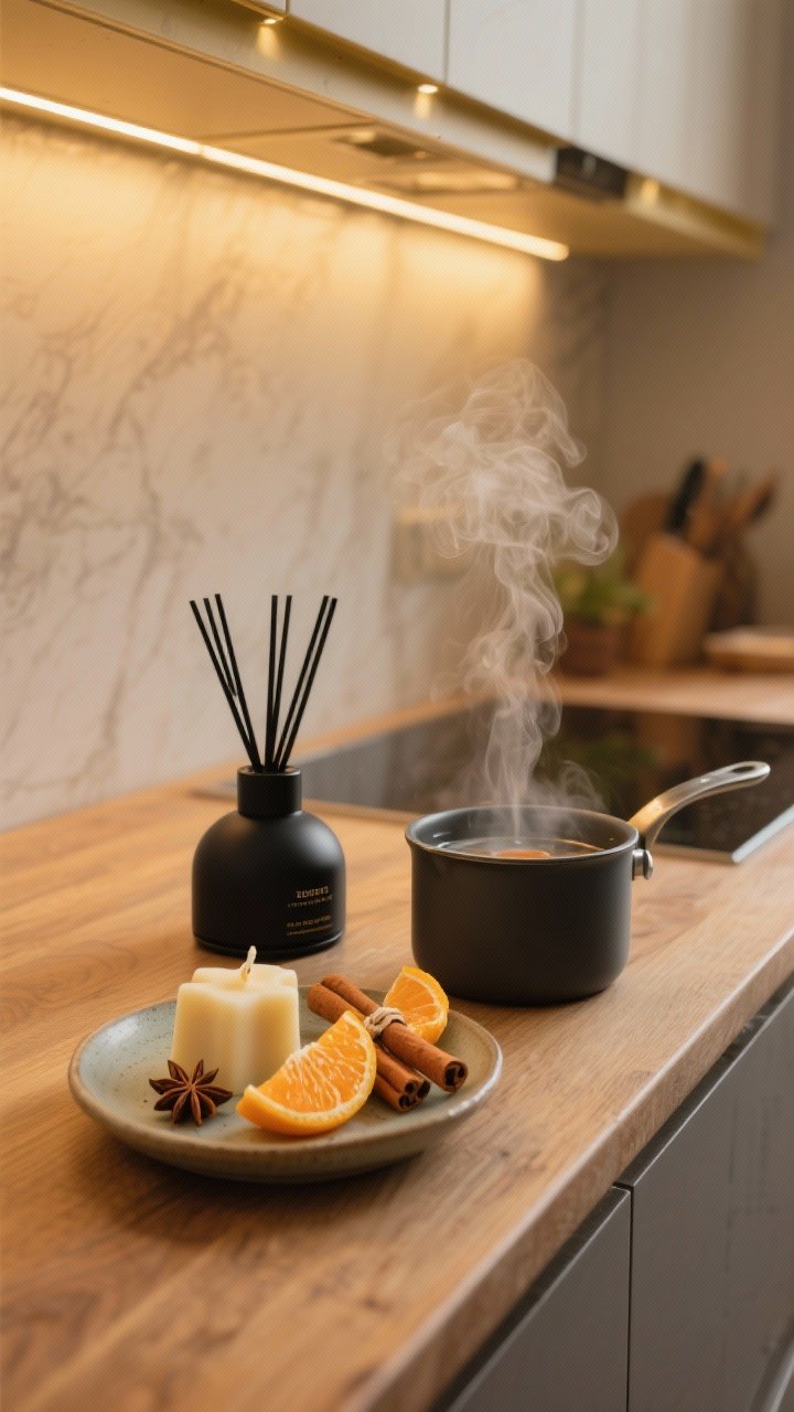 Closeup still life of winter scents: a matte black oil diffuser emitting gentle mist, wax melts in cedar/vanilla tones on a ceramic dish, and a simmer pot in a small saucepan with water, orange peels, cinnamon sticks, and star anise; warm wood countertop; cohesive scent family implied (woodsy/spicy/gourmand); soft golden kitchen under-cabinet lighting, no people