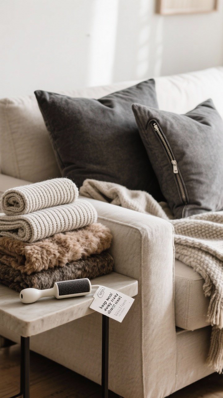 Closeup, straight-on: Practical comfort vignette on a sofa arm and side table—zippered, washable pillow covers in darker stone and charcoal tones; a machine-washable knit throw folded nearby; a lighter ribbed knit rolled for spring/summer and an ultra-chunky wool plus faux fur stacked for fall/winter; a lint roller and a small care tag indicating “keep wool away from direct heat/sun”; the warmest throw within reach and the prettiest draped on display; soft natural light emphasizing real-life usability without clutter.