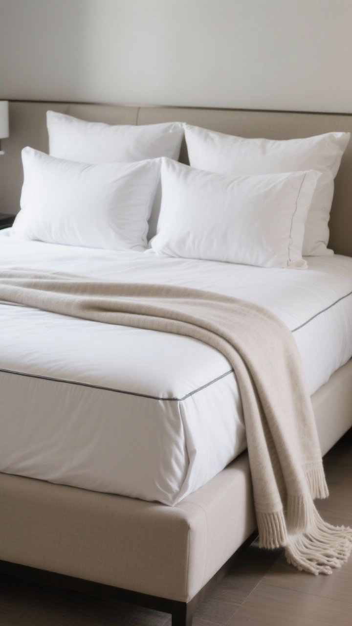 Closeup straight-on shot of final bed styling moves: hospital-cornered flat sheet at the mattress edge showing crisp lines; duvet folded down a third at the foot, with a soft neutral throw draped casually off one side for asymmetry; pillows fluffed with a gentle, not-overdone chop; ironed pillowcases with a smooth, boutique-hotel finish; serene, even daylight for a polished yet livable look.