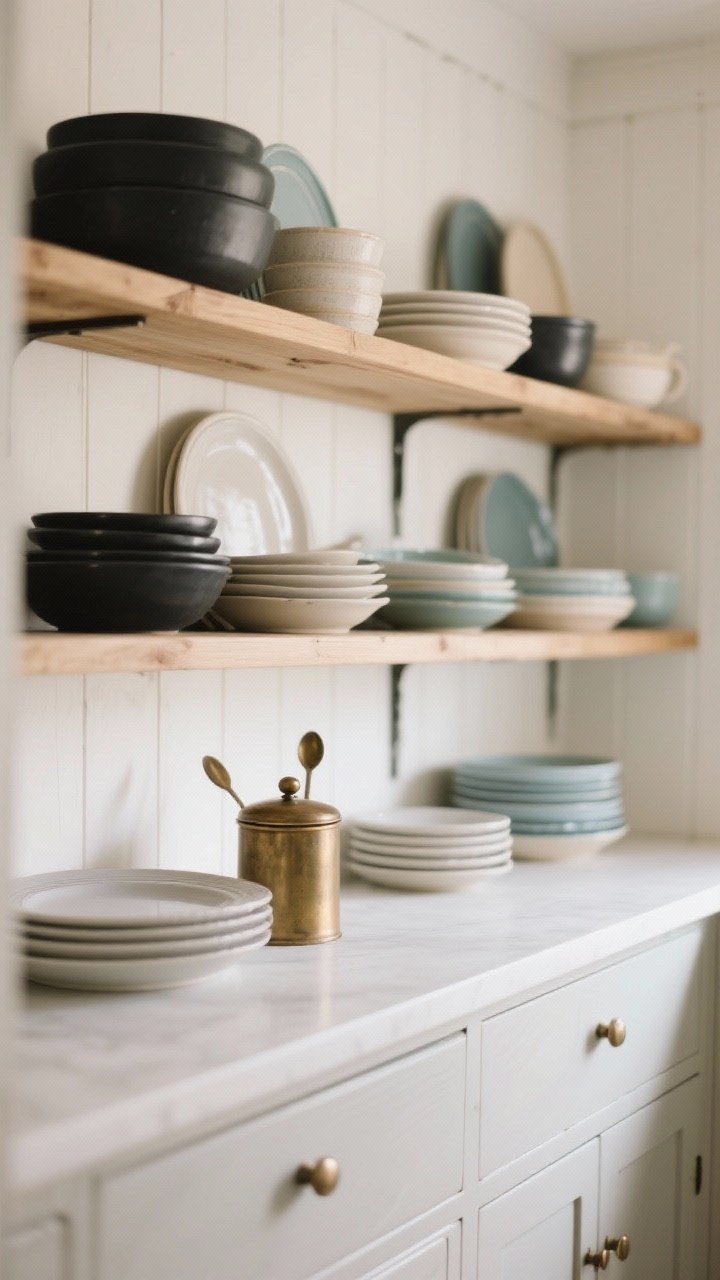 Closeup, straight-on view: Open kitchen shelving styled with a cohesive cozy color story—soft warm whites, creamy beige, greige plates and bowls, matte black accents, and natural wood shelves. Include brushed brass or antique bronze small accents (like a small knobbed canister or spoon rest). Add subtle touches of charcoal, sage, or dusty blue in select ceramics and linens. Ensure the palette feels tight and intentional, echoing a deeper cabinet color lightly in a couple of items. Soft natural daylight, photorealistic, calm hygge farmhouse mood.